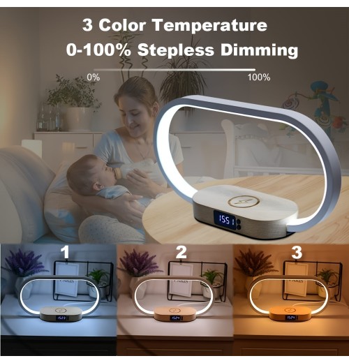 1pc Multifunctional USB Night Light USB Lamp With Wireless Charger Fast Charging USB Charging Port For Mobile Phone, 3 Color Temperature And Clock, Mobile Phone Battery Charger, Mobile Phone Wireless Charger For Home,Bedroom Gift For Girlfriend