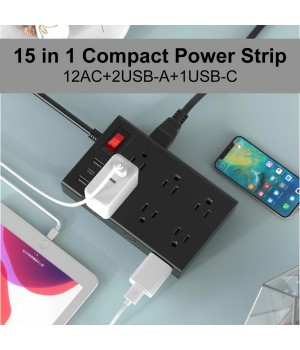 12 Outlet Power Strip With 3 USB Ports, 5FT UL Approved Extension Cord With USB C Ports, Surge Protector For Home, Office, Dorm Room