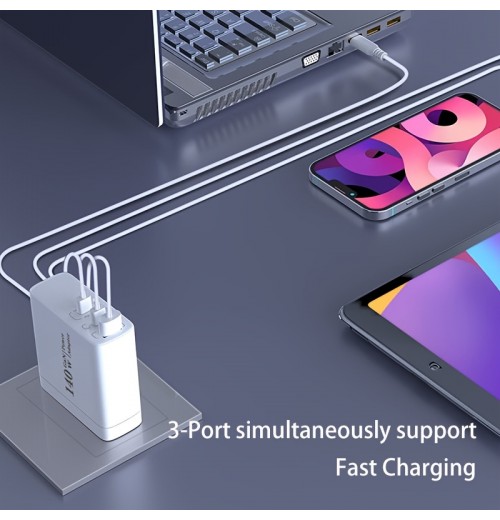 140W USB C Charger, Portable PD 3.1 GaN Fast Charger Type C Charging Station With Foldable Plug, 3 Port USB C Power Adapter For MacBook Pro/Air, IPad, IPhone, Galaxy, USB C Laptops And More