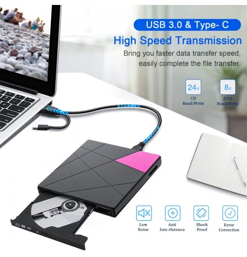 1pc External CD/DVD Drive For Laptop, 6 In1 USB 3.0 Type-C Portable CD/DVD Player Burner, CD ROM Drive Optical Drive, CD/DVD Reader, CD To USB Converter, For Desktop PC Windows Mac OS